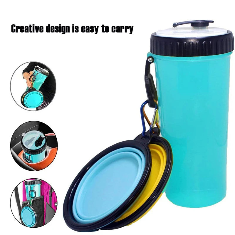 Travel Snack 2in1 Dog Food Water Bottle With 2 Collapsible Bowls Leakproof