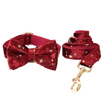 Christmas Star Red Velvet Bow Tie Pet Collar and Leash Set