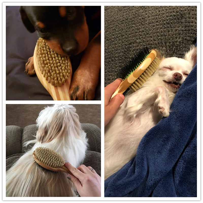 Brosse professionnelle pour chien en bambou à poils double face doux