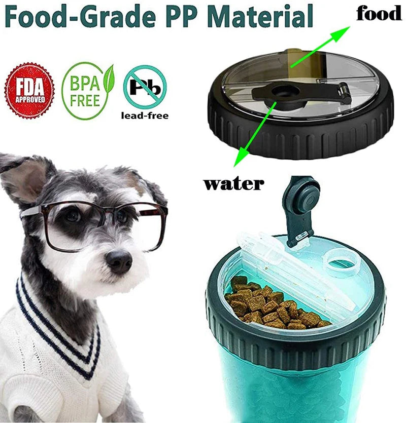 Travel Snack 2in1 Dog Food Water Bottle With 2 Collapsible Bowls Leakproof