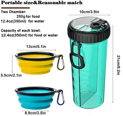 Travel Snack 2in1 Dog Food Water Bottle With 2 Collapsible Bowls Leakproof