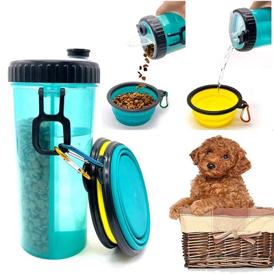 Travel Snack 2in1 Dog Food Water Bottle With 2 Collapsible Bowls Leakproof