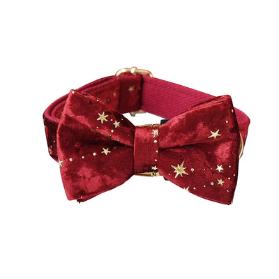 Christmas Star Red Velvet Bow Tie Pet Collar and Leash Set