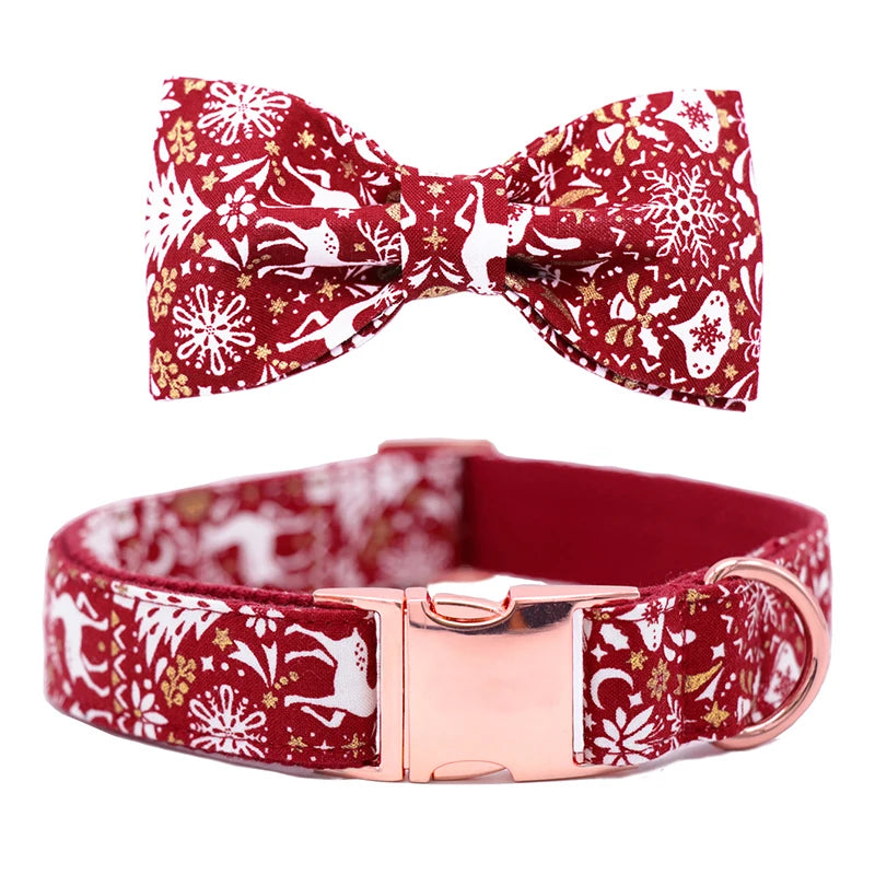 Christmas Snowflake Dog Collar Leash with Bow Durable Asjustable Pet Collar