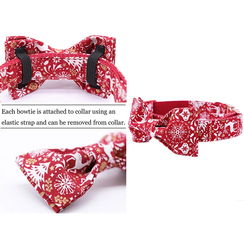 Christmas Snowflake Dog Collar Leash with Bow Durable Asjustable Pet Collar