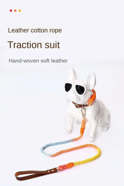 Woven Cotton String LeatherDog Collar & Leash Set