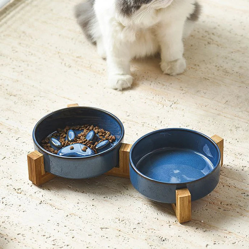 Paw Ceramic Pet Bowl Wood Stand