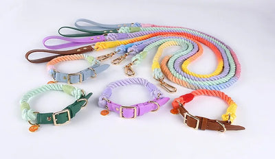 Woven Cotton String LeatherDog Collar & Leash Set