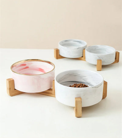 Elegat Wood Stand Pet Bowl Marble Ceramic