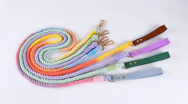 Woven Cotton String LeatherDog Collar & Leash Set