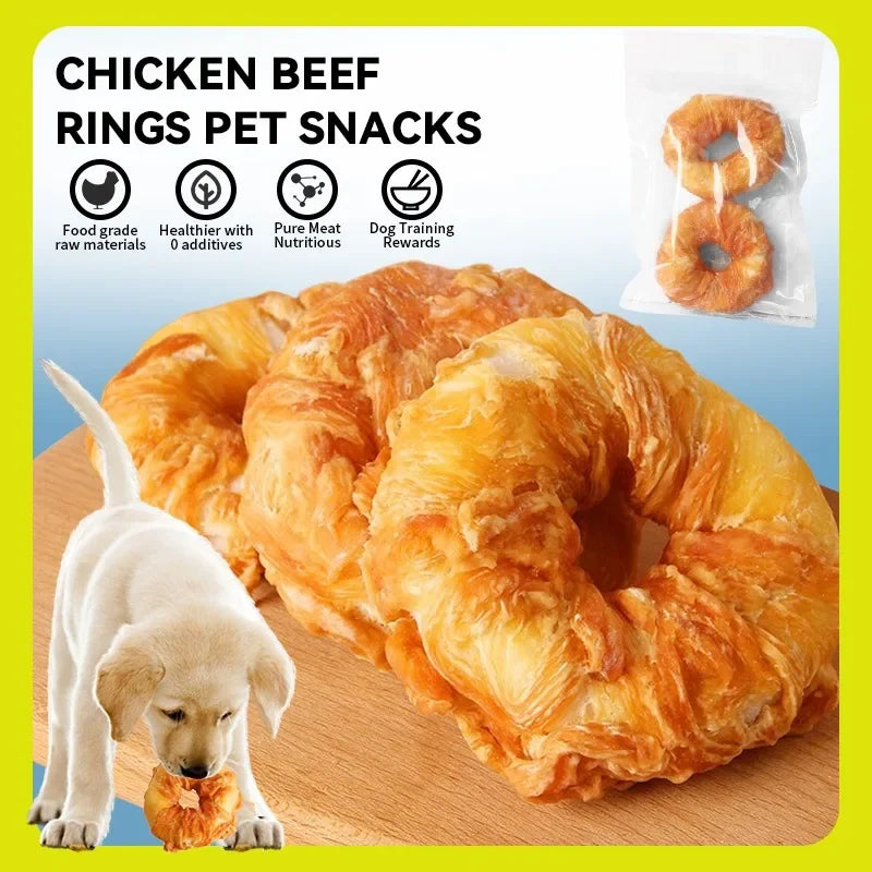 Lot de 2 anneaux en peau de vache et poulet pour friandises pour chiens