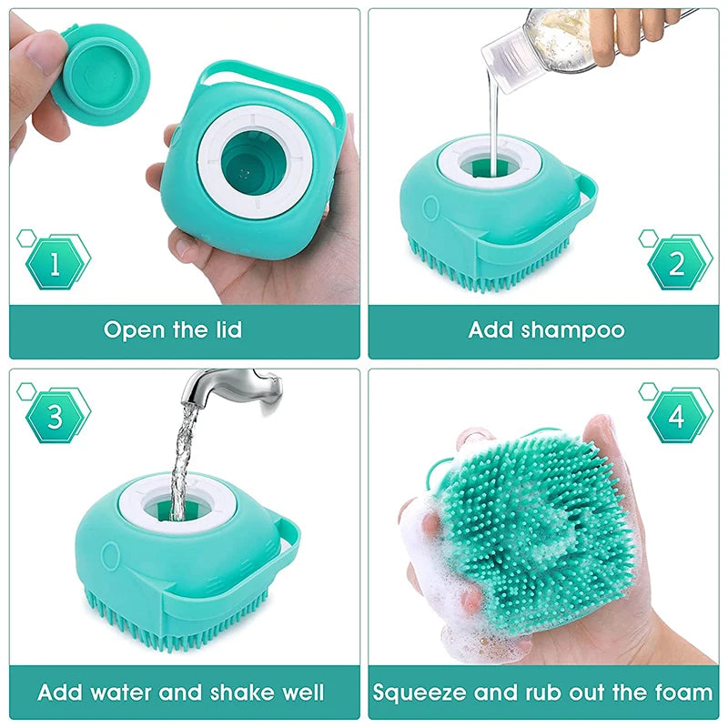 Brosse de douche en silicone pour chien et chat, distributeur de shampoing