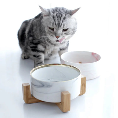 Elegat Wood Stand Pet Bowl Marble Ceramic