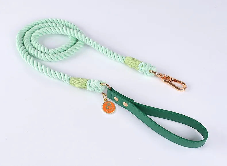 Woven Cotton String LeatherDog Collar & Leash Set