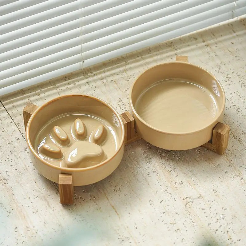 Paw Ceramic Pet Bowl Wood Stand