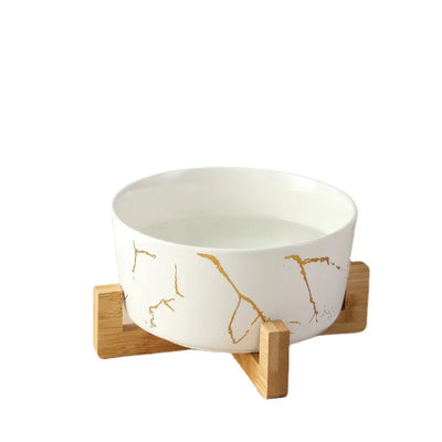 Marble Pet Bowl Bamboo Shelf Ceramic Feeding and Drinking Bowls