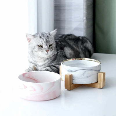 Elegat Wood Stand Pet Bowl Marble Ceramic