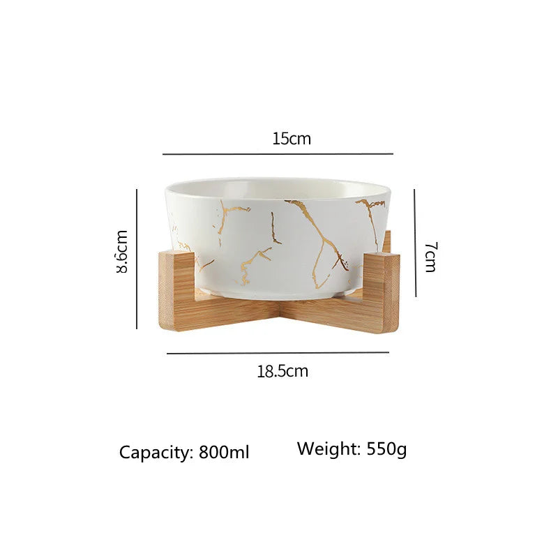 Gamelle pour animaux de compagnie en marbre avec étagère en bambou et bols en céramique pour l'alimentation et l'abreuvement