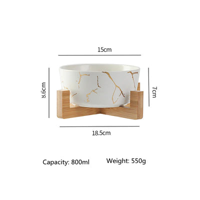 Gamelle pour animaux de compagnie en marbre avec étagère en bambou et bols en céramique pour l'alimentation et l'abreuvement