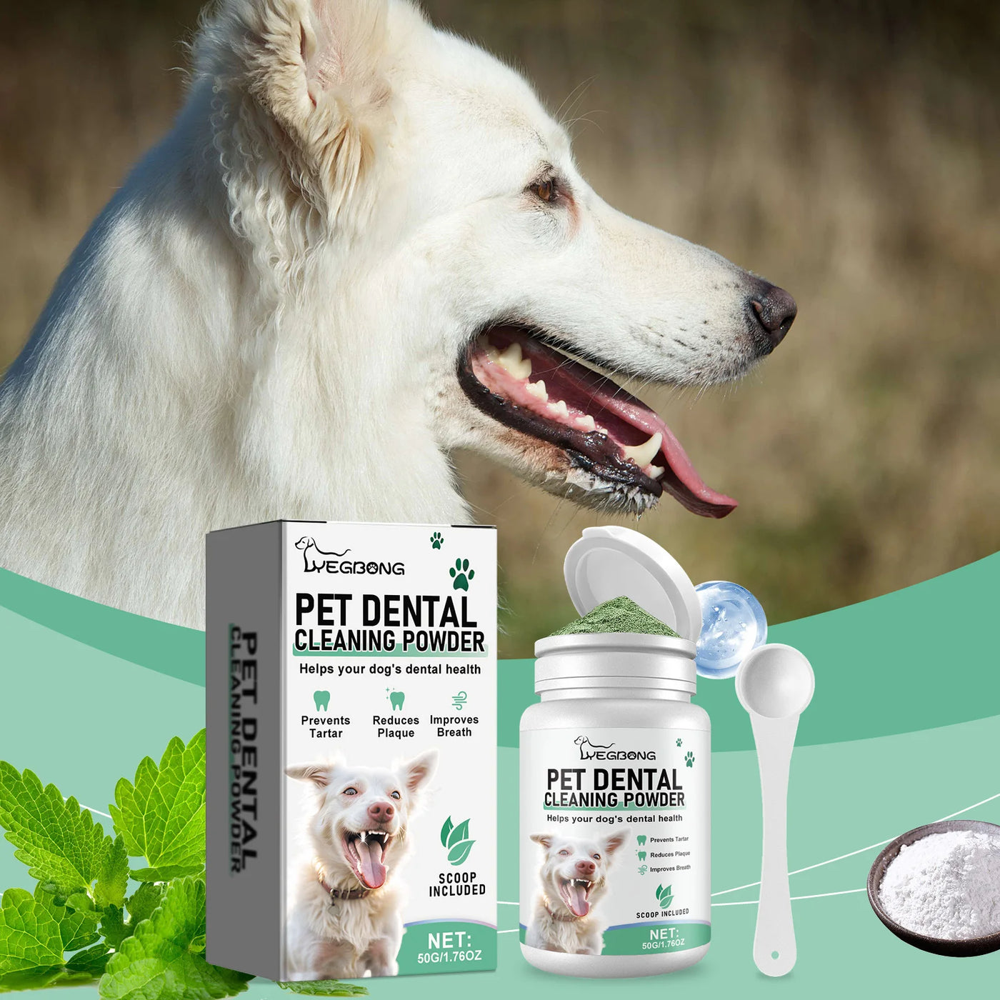 Poudre pour dents de chien Prévient le tartre Élimine les odeurs buccales Élimine la plaque dentaire Nettoyage du tartre dentaire Solution de nettoyage buccal pour animaux de compagnie