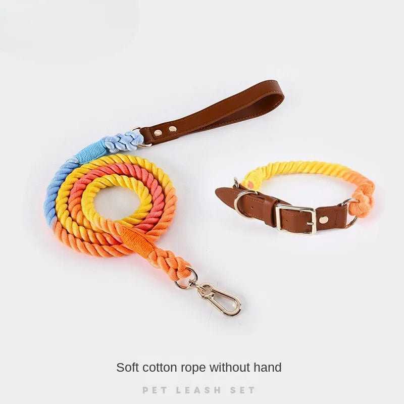 Woven Cotton String LeatherDog Collar & Leash Set