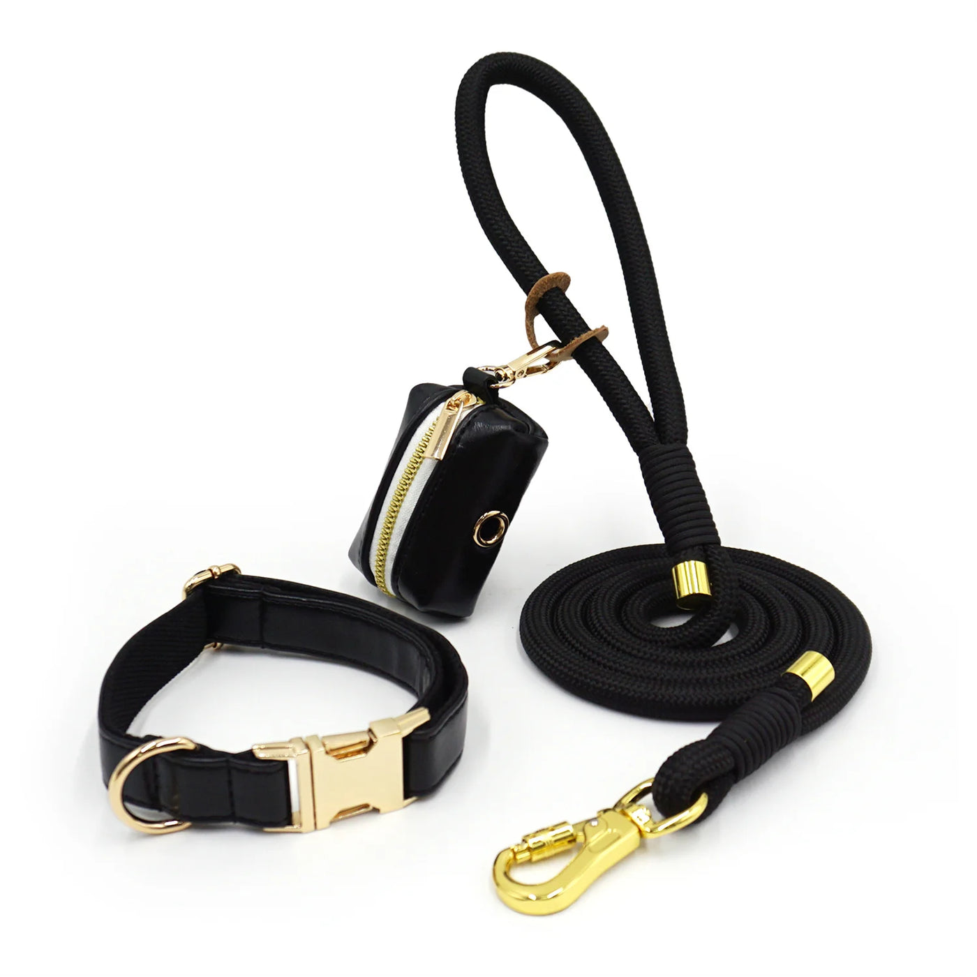 Ensemble élégant collier et laisse pour chien en cuir souple noir