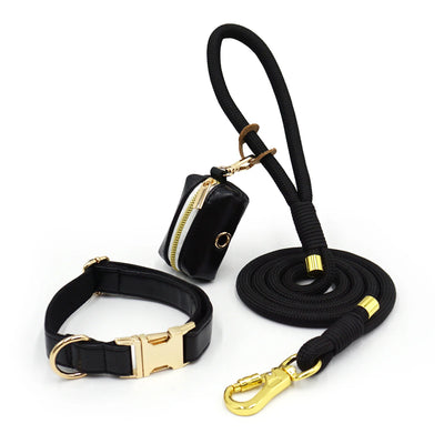 Classy Black Soft Leather Dog Collar & Leash Set