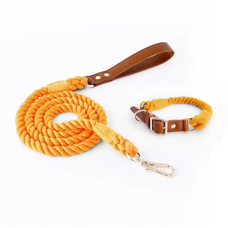 Woven Cotton String LeatherDog Collar & Leash Set