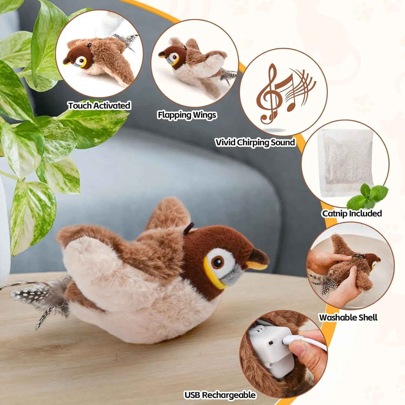 Jouet interactif pour chat Flappy Bird Oiseau gazouillant et battant rechargeable