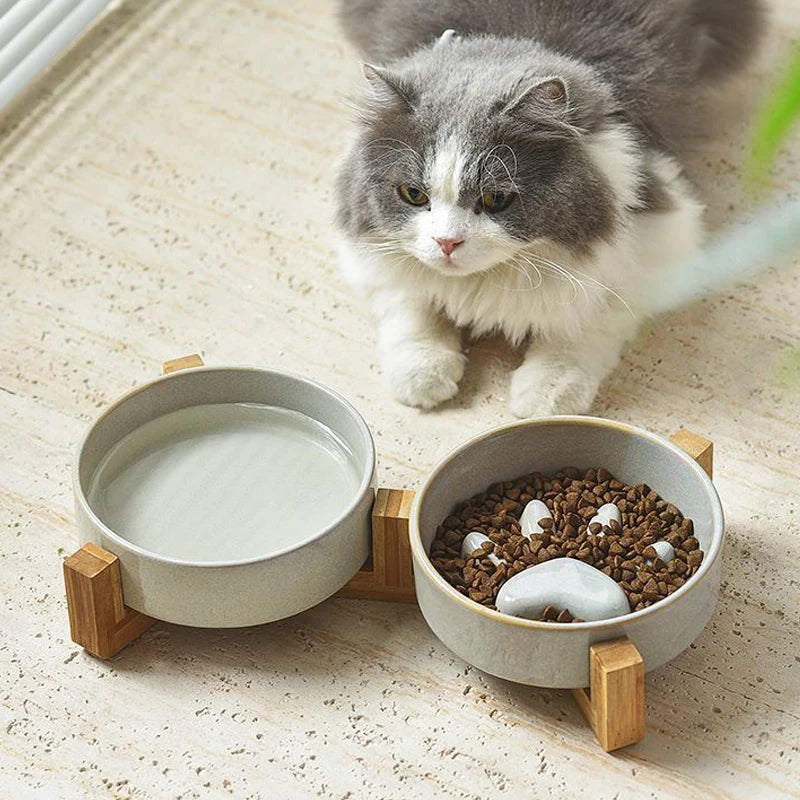 Paw Ceramic Pet Bowl Wood Stand