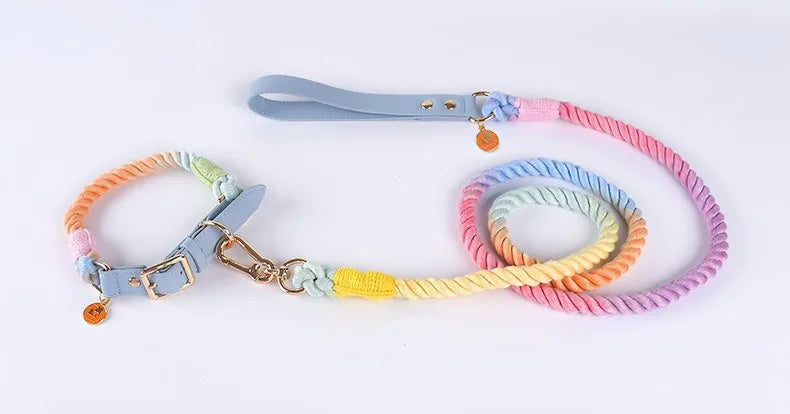 Woven Cotton String LeatherDog Collar & Leash Set