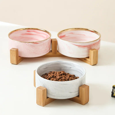 Elegat Wood Stand Pet Bowl Marble Ceramic