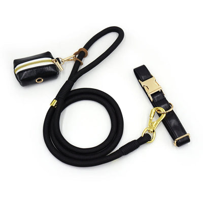 Classy Black Soft Leather Dog Collar & Leash Set