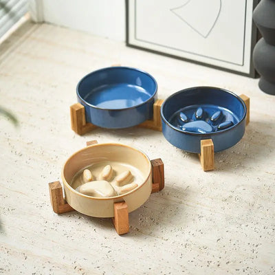 Paw Ceramic Pet Bowl Wood Stand