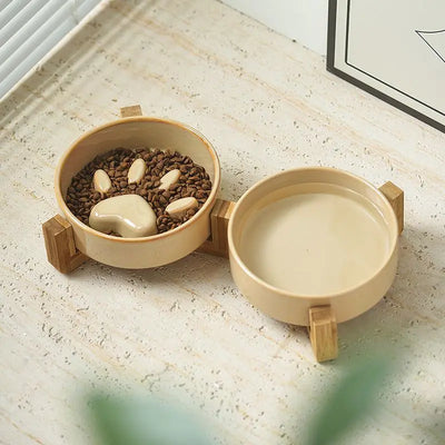 Paw Ceramic Pet Bowl Wood Stand