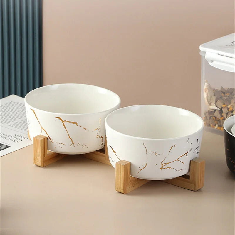 Marble Pet Bowl Bamboo Shelf Ceramic Feeding and Drinking Bowls