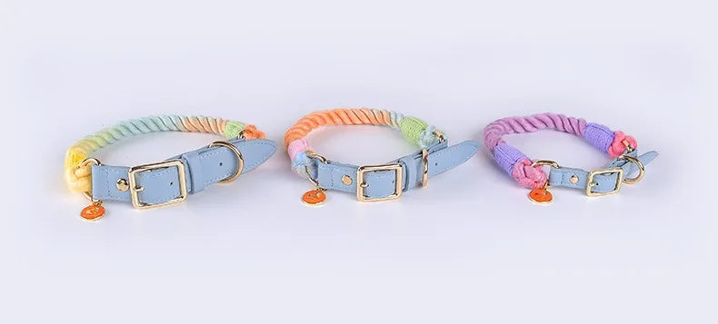 Woven Cotton String LeatherDog Collar & Leash Set