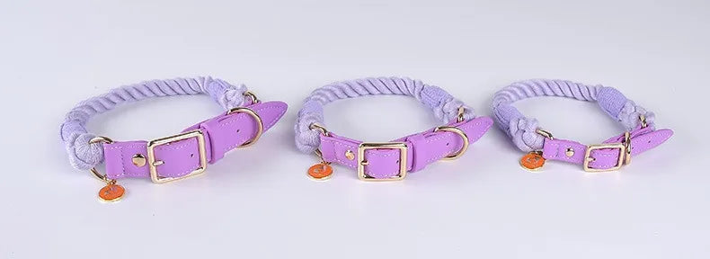 Woven Cotton String LeatherDog Collar & Leash Set