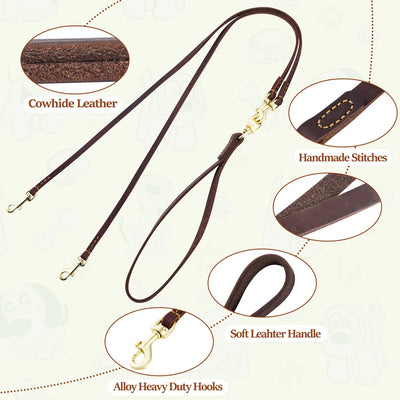 Genuine Leather Double Dog Leash No Tangle