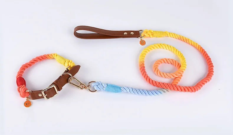 Woven Cotton String LeatherDog Collar & Leash Set