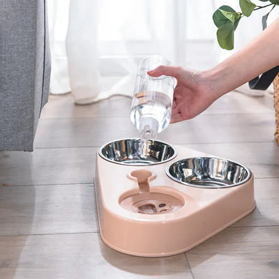 Pet Dog Cat Food Bowl with Bottle Automatic Drinking Feeder