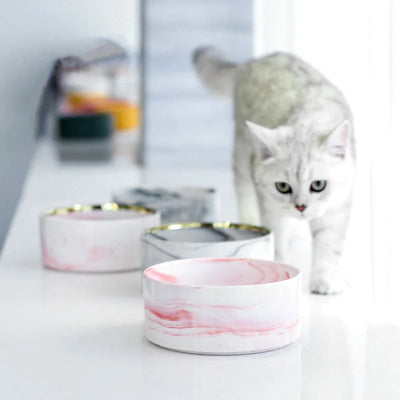 Elegat Wood Stand Pet Bowl Marble Ceramic