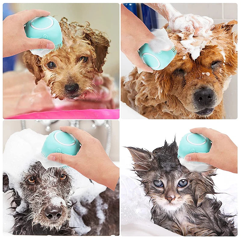 Brosse de douche en silicone pour chien et chat, distributeur de shampoing