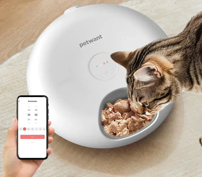 Distributeur automatique de nourriture pour animaux de compagnie à 6 repas, bols intelligents à distance Wi-Fi pour aliments humides et secs