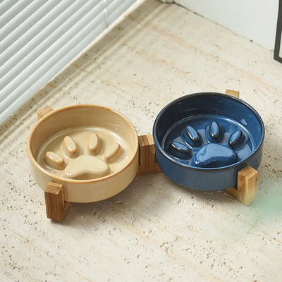 Paw Ceramic Pet Bowl Wood Stand