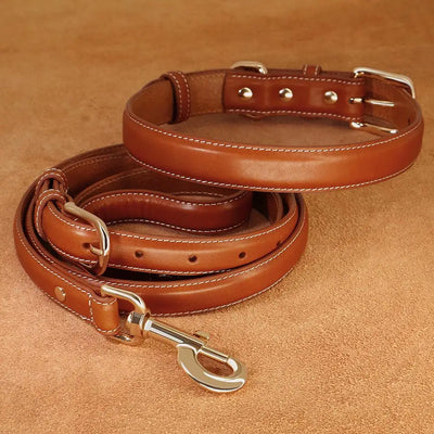 Classic Leather Dog Collar and Leash Set