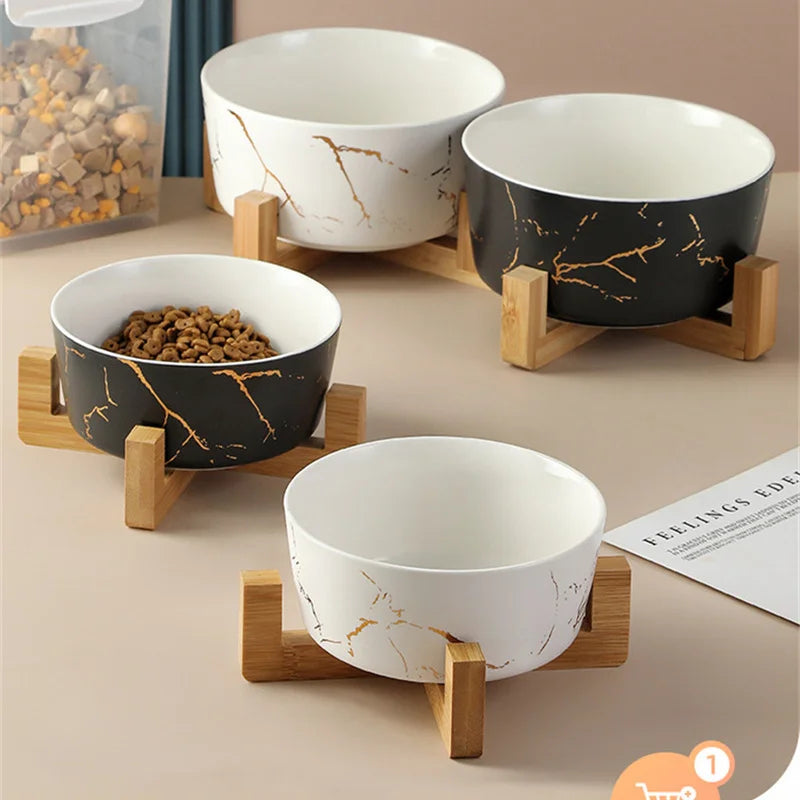 Marble Pet Bowl Bamboo Shelf Ceramic Feeding and Drinking Bowls