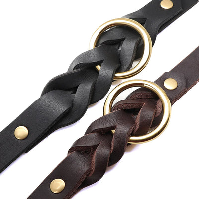 Leather Dog Collar and Leash Set Adjustable Braided Soft