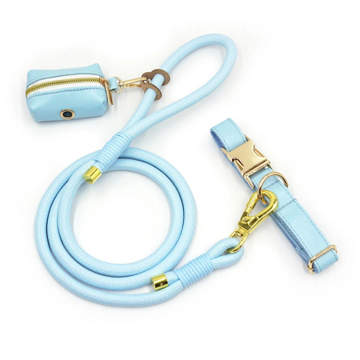 Classy Sky Blue Soft Leather Dog Collar & Leash Set