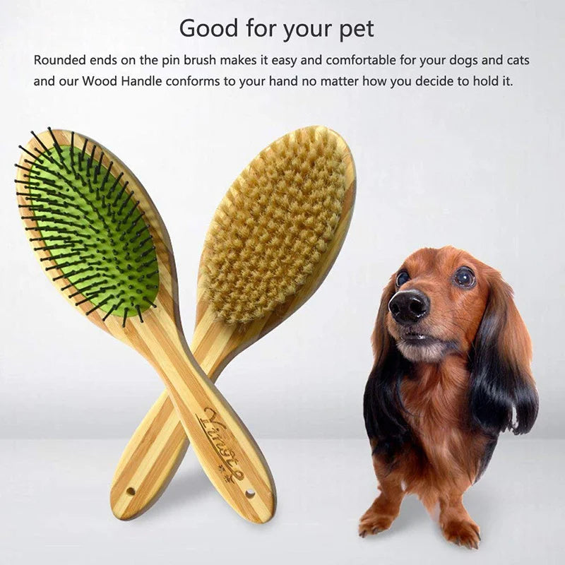 Brosse professionnelle pour chien en bambou à poils double face doux